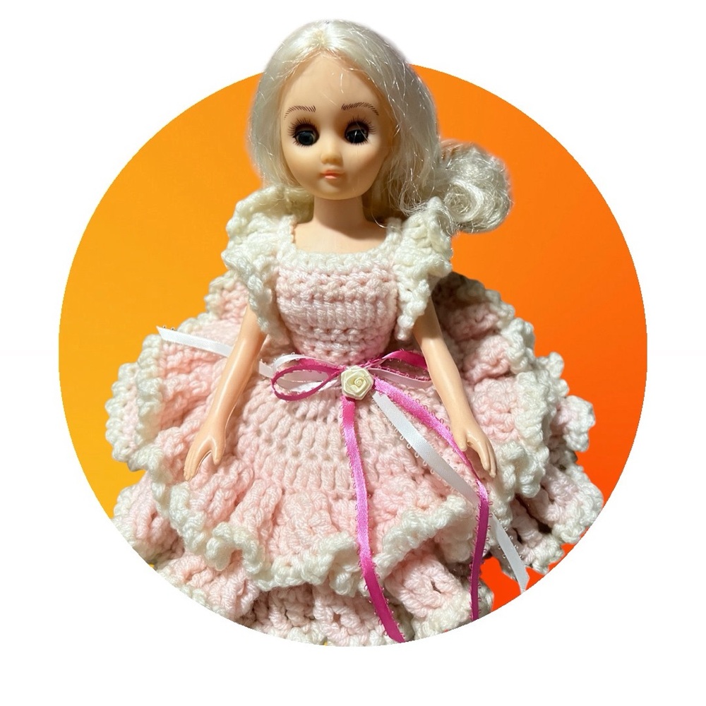 Elegant Pink and White Doll with Crochet Dress